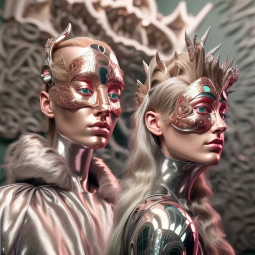 mannequins,silver lacquer,silver,metallic feel,masquerade,foil and gold,meridians,metallic,crowns,masks,3d fantasy,bodypaint,biomechanical,mirrors,foil,golden mask,crown render,chrome,streampunk,face paint