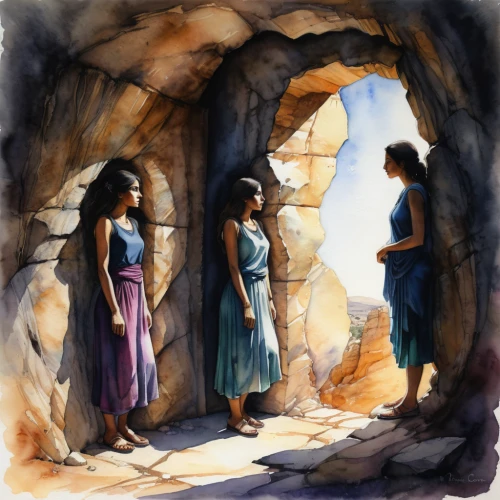 empty tomb,biblical narrative characters,woman at the well,church painting,celtic woman,contemporary witnesses,anasazi,chasm,nativity,the three magi,the threshold of the house,neolithic,nativity of jesus,the annunciation,ladies group,cave church,woman church,genesis land in jerusalem,ancient people,watercolor background,Illustration,Realistic Fantasy,Realistic Fantasy 30