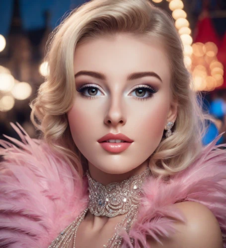 vintage makeup,marylyn monroe - female,burlesque,bridal jewelry,glamour girl,romantic look,vintage woman,showgirl,vintage angel,barbie doll,model beauty,women's cosmetics,feather boa,pink beauty,realdoll,vintage girl,beautiful model,jeweled,glamorous,glamor