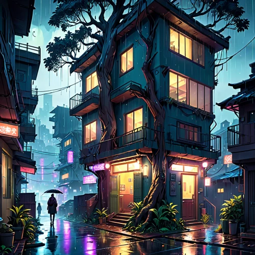 hanoi,kyoto,tokyo,tokyo city,cyberpunk,world digital painting,taipei,apartment house,kowloon,bonsai,shanghai,neighborhood,rainy,hong kong,slum,shinjuku,alleyway,japan,apartment block,honolulu,Anime,Anime,General