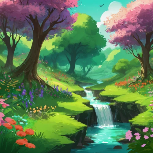 springtime background,spring background,fairy forest,fairy world,landscape background,blooming field,meadow in pastel,easter background,spring nature,fantasy landscape,fairy village,watercolor background,spring blossoms,colors of spring,springtime,flower water,flower background,spring bloom,crescent spring,spring leaf background,Conceptual Art,Fantasy,Fantasy 02