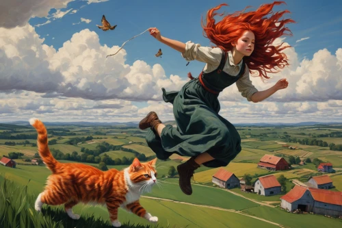 little girl in wind,flying girl,red tabby,red cat,leap for joy,cats playing,cheshire,fantasy picture,leaping,ritriver and the cat,flying dandelions,world digital painting,david bates,fantasy art,windy,leap,flying seeds,flying seed,wild and free,cat tail,Conceptual Art,Fantasy,Fantasy 15