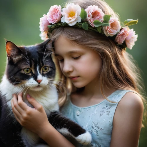 beautiful girl with flowers,vintage boy and girl,romantic portrait,flower crown,tenderness,flower cat,flower girl,little boy and girl,cat lovers,girl in flowers,holding flowers,cute cat,girl picking flowers,flower hat,vintage cat,child portrait,girl in a wreath,vintage girl,innocence,cat love,Photography,Documentary Photography,Documentary Photography 22