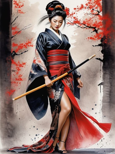 geisha girl,geisha,japanese art,samurai,samurai fighter,oriental princess,japanese woman,oriental girl,katana,swordswoman,japanese martial arts,beautiful girls with katana,oriental painting,japanese culture,erhu,japanese style,sanshin,chinese art,shamisen,female warrior,Illustration,Paper based,Paper Based 03