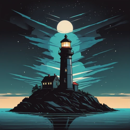 lighthouse,electric lighthouse,light house,petit minou lighthouse,beacon,red lighthouse,guiding light,point lighthouse torch,maine,sea night,light station,vector illustration,digital illustration,crisp point lighthouse,lantern,pigeon point,searchlamp,northernlight,night scene,islet,Illustration,Black and White,Black and White 12