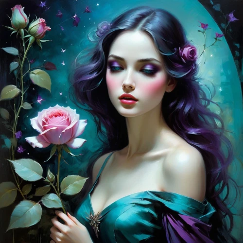 purple rose,lilac blossom,rosa 'the fairy,fantasy portrait,faery,lilac flower,beautiful girl with flowers,purple lilac,blue moon rose,jasmine blossom,elven flower,fantasy art,faerie,wild roses,romantic portrait,mystical portrait of a girl,lilac flowers,wild rose,la violetta,girl in flowers,Illustration,Realistic Fantasy,Realistic Fantasy 16