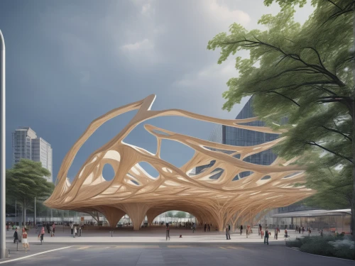 futuristic architecture,wooden construction,urban design,public art,wood structure,futuristic art museum,honeycomb structure,outdoor structure,steel sculpture,wooden frame construction,sky space concept,archidaily,jewelry（architecture）,wave wood,3d rendering,trumpet tree,bird nest,calatrava,transport hub,plywood