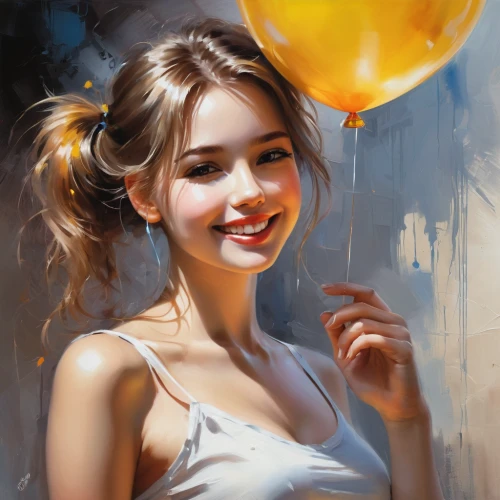little girl with balloons,girl with speech bubble,a girl's smile,balloons,colorful balloons,yellow petal,girl portrait,balloon,ballon,romantic portrait,world digital painting,grin,painting easter egg,red balloon,digital painting,art painting,red balloons,painting,painter,girl with cereal bowl,Conceptual Art,Oil color,Oil Color 03