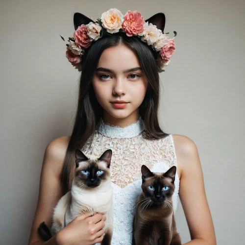 beautiful girl with flowers,flower crown,flower cat,blossom kitten,cute cat,kittens,cat lovers,cat ears,two cats,doll cat,feline look,flower girl,siamese cat,with a bouquet of flowers,felines,cat kawaii,flower animal,kitten,bouquets,cat family,Photography,Documentary Photography,Documentary Photography 08