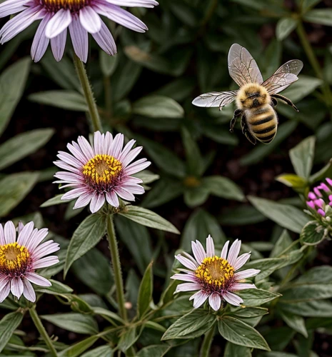 colletes,hover fly,apis mellifera,giant bumblebee hover fly,hoverfly,hornet hover fly,western honey bee,syrphid fly,erigeron,pollinating,echinacea purpurea,honey bees,honeybees,pollination,china aster,coneflowers,flower fly,gray sandy bee,argyranthemum frutescens,echinacea purpurea 'white swan