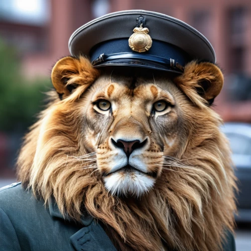pickelhaube,lion,military officer,lion's coach,peaked cap,lion - feline,lion father,brigadier,royal tiger,male lion,amurtiger,lion number,military organization,lion head,king of the jungle,colonel,forest king lion,police officer,polish police,type royal tiger,Photography,General,Realistic