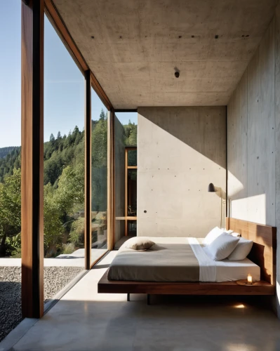 exposed concrete,corten steel,concrete ceiling,dunes house,concrete slabs,modern room,sliding door,canopy bed,sleeping room,wooden wall,bed frame,interior modern design,concrete blocks,wooden beams,wood window,roof landscape,flat roof,modern decor,chaise longue,bedroom window,Photography,General,Realistic