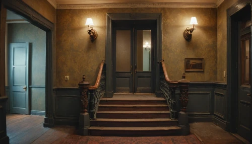 hallway,the threshold of the house,outside staircase,hallway space,staircase,house entrance,winding staircase,circular staircase,stairwell,creepy doorway,dark cabinetry,doll's house,stairway,entrance hall,victorian,rooms,stair,house number 1,the door,victorian style,Photography,General,Cinematic