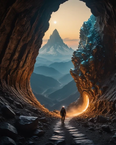 mountain sunrise,road of the impossible,the mystical path,mountain world,alpine route,heaven gate,descent,alpine crossing,valley of death,mountain pass,hollow way,glacier cave,crevasse,fantasy landscape,world digital painting,chasm,photomanipulation,the path,the way of nature,explore,Photography,General,Fantasy