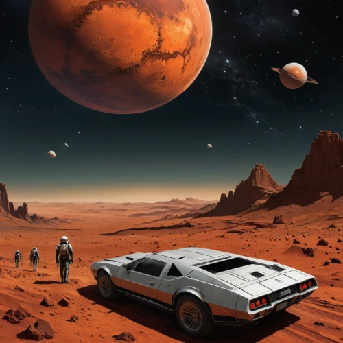 mission to mars,red planet,sci fiction illustration,moon car,martian,planet mars,valley of the moon,delorean dmc-12,space art,space voyage,mars rover,futuristic landscape,gas planet,space travel,sci - fi,sci-fi,countach,testarossa,sci fi,space craft,Illustration,Realistic Fantasy,Realistic Fantasy 07