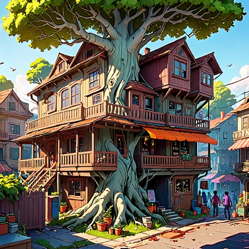 tree house,treehouse,tree house hotel,aurora village,wooden houses,crooked house,escher village,apartment house,popeye village,dragon tree,rosewood tree,apartment complex,cartoon forest,studio ghibli,knight village,resort town,apartment building,oak tree,hanging houses,houses clipart,Anime,Anime,General