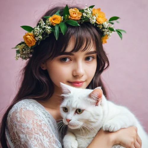 beautiful girl with flowers,flower cat,flower crown,flower hat,flower animal,girl in flowers,flower girl,cute cat,calico cat,holding flowers,girl in a wreath,romantic portrait,vintage girl,blossom kitten,blooming wreath,floral wreath,spring crown,flower fairy,wreath of flowers,flower garland,Photography,Documentary Photography,Documentary Photography 23