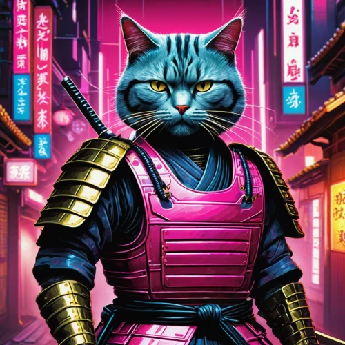 cat warrior,pink cat,samurai,cyberpunk,katana,samurai fighter,lucky cat,alley cat,the pink panter,cat vector,sci fiction illustration,street cat,kowloon,nikko,chinese pastoral cat,goki,animal feline,cartoon cat,pink city,cat kawaii,Conceptual Art,Sci-Fi,Sci-Fi 14