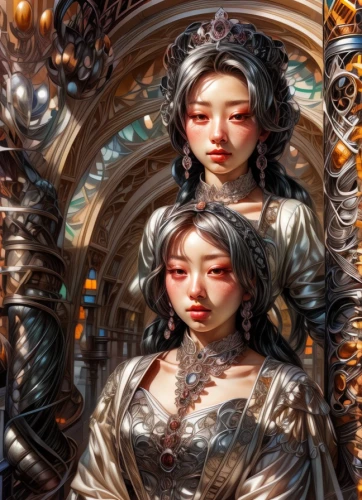 chinese art,mirror image,mirrored,oriental princess,mirror reflection,asian vision,chinese icons,fractals art,oriental girl,oriental painting,oriental,mirror of souls,amano,hanbok,fantasy portrait,mirrors,doll looking in mirror,the mirror,ao dai,shuanghuan noble