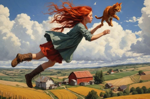 little girl in wind,flying girl,cockerel,flying seed,flying seeds,flying dandelions,leap for joy,farm girl,pippi longstocking,agriculture,wind vane,montgolfiade,flying food,chicken 65,countrygirl,picking vegetables in early spring,be free,farm background,aggriculture,girl with bread-and-butter,Conceptual Art,Fantasy,Fantasy 15