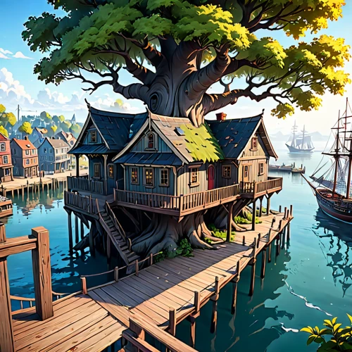 tree house,monkey island,house by the water,treehouse,tree house hotel,houseboat,docked,docks,floating huts,floating islands,popeye village,wooden houses,wooden house,dock,wooden pier,waterfront,waterside,floating island,the waterfront,wooden construction,Anime,Anime,General