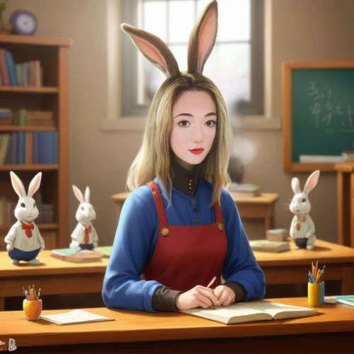 peter rabbit,tutor,rabbits,tutoring,rabbit ears,classroom,girl studying,bunny,gray hare,wood rabbit,studio ghibli,rabbit,mari makinami,anime cartoon,rabbit family,little rabbit,cute cartoon character,bun,anime 3d,teacher