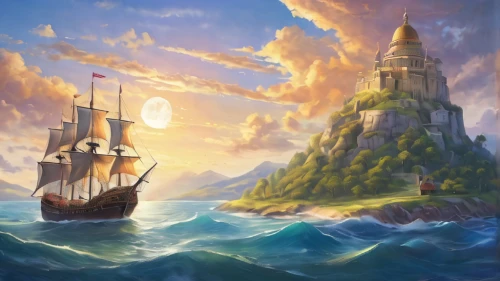 fantasy picture,caravel,fantasy landscape,sea fantasy,sea sailing ship,fantasy art,sailing ship,world digital painting,heroic fantasy,sail ship,sailing ships,galleon ship,galleon,an island far away landscape,maelstrom,waterglobe,scarlet sail,3d fantasy,knight's castle,mayflower,Photography,General,Natural