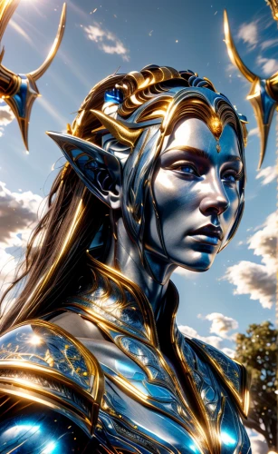 blue enchantress,athena,symetra,golden crown,shiva,zodiac sign libra,goddess of justice,cassiopeia,fantasy art,aporia,artemis,golden mask,gold paint stroke,artemisia,cybele,avatar,laurel wreath,fantasy portrait,dark blue and gold,crown render