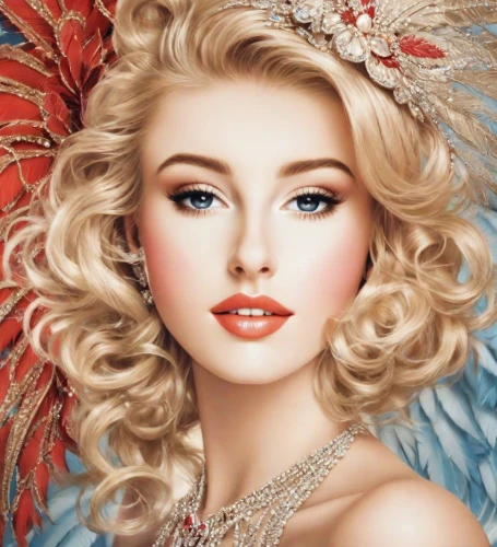 vintage angel,fairy queen,feather headdress,beautiful bonnet,fantasy portrait,vintage makeup,fantasy art,vintage woman,romantic portrait,marylin monroe,headdress,baroque angel,faery,aphrodite,fashion illustration,vintage girl,showgirl,flower fairy,glamour girl,blonde woman