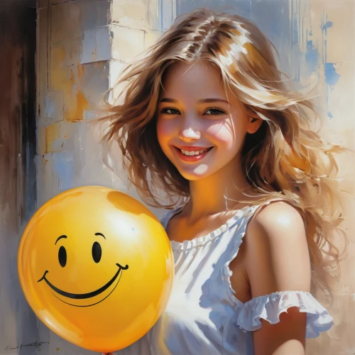 little girl with balloons,a girl's smile,smilie,smilies,smile,smileys,cheerfulness,girl with speech bubble,art painting,cheerful,oil painting,photo painting,oil painting on canvas,smiley,grin,a smile,cute cartoon image,be happy,ballon,blond girl,Conceptual Art,Oil color,Oil Color 03