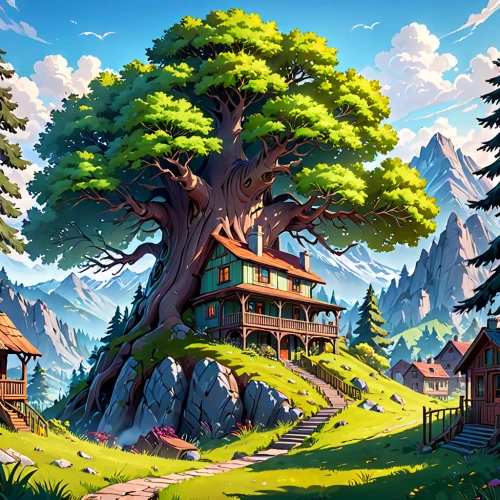 tree house,treehouse,alpine village,mountain settlement,house in the forest,home landscape,druid grove,house in mountains,house in the mountains,log home,mountain village,tree house hotel,devilwood,aurora village,wooden houses,cartoon video game background,landscape background,game illustration,fantasy landscape,log cabin,Anime,Anime,General