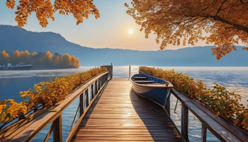 wooden bridge,autumn background,wooden pier,autumn scenery,beautiful lake,autumn morning,autumn idyll,autumn landscape,golden autumn,beautiful landscape,landscape background,fall landscape,background view nature,autumn day,boat landscape,dock,light of autumn,wooden decking,autumn mountains,autumn sun,Photography,General,Realistic