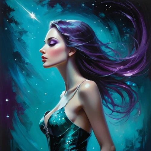 la violetta,blue enchantress,queen of the night,fantasy portrait,fantasy art,purple moon,mermaid background,mystical portrait of a girl,sorceress,fantasy woman,starlight,the enchantress,ultraviolet,fantasy picture,purple,faerie,zodiac sign libra,the zodiac sign pisces,purple lilac,faery,Illustration,Realistic Fantasy,Realistic Fantasy 16