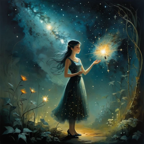 mystical portrait of a girl,fireflies,light bearer,faerie,firefly,guiding light,fairy lanterns,faery,fairy dust,fantasy picture,fairy galaxy,light of night,little girl fairy,magical,fantasy art,incandescent,the enchantress,fairies aloft,child fairy,divination,Illustration,Realistic Fantasy,Realistic Fantasy 16