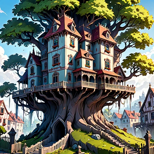 tree house,treehouse,tree house hotel,crooked house,fairy tale castle,dragon tree,house in the forest,witch's house,studio ghibli,magic tree,oak tree,rosewood tree,wondertree,hanging houses,apartment house,fairytale castle,old tree,oak,large home,bigtree,Anime,Anime,General
