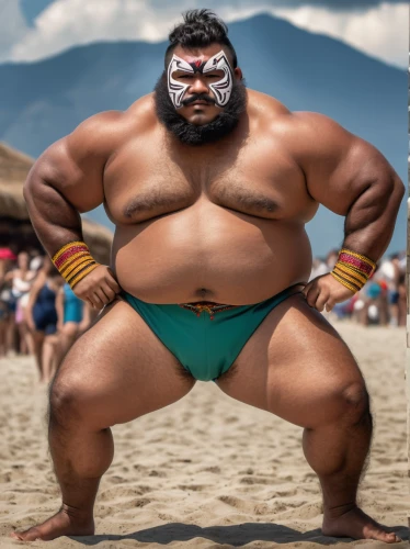 sumo wrestler,ape,strongman,kong,luau,barbarian,greek,polynesian,pubg mascot,wrestler,beach rugby,brute,muscle man,gorilla,broncefigur,el golfo,sea god,buchardkai,santa claus at beach,orc,Photography,General,Realistic