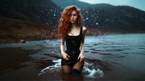 the blonde in the river,photoshoot with water,girl on the river,water nymph,in water,siren,wet girl,submerged,black water,redhead doll,wild water,wading,rusalka,watery heart,body of water,the body of water,gothic woman,black sand,wet lake,black landscape
