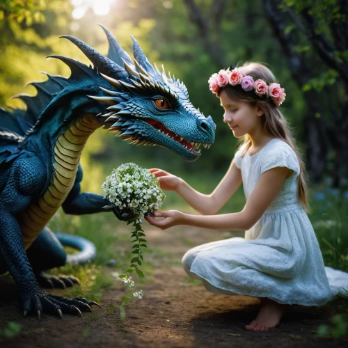 fantasy picture,children's fairy tale,beautiful girl with flowers,forest dragon,a fairy tale,3d fantasy,fantasy art,fairy tale,girl picking flowers,fairytale characters,flower girl,holding flowers,green dragon,flower delivery,girl in flowers,fairy tale character,fairytale,romantic portrait,fantasy portrait,floral greeting,Photography,Documentary Photography,Documentary Photography 22