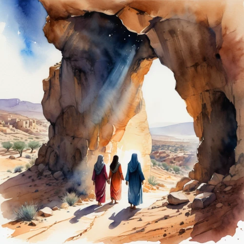 qumran caves,judaean desert,empty tomb,bedouin,qumran,dead sea scroll,dead sea scrolls,negev desert,watercolor sketch,genesis land in jerusalem,al siq canyon,watercolor painting,watercolor,watercolor background,chasm,watercolour,church painting,monastery israel,pilgrims,water color,Illustration,Paper based,Paper Based 25