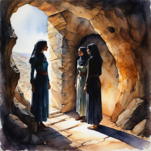 empty tomb,church painting,contemporary witnesses,pilgrims,way of the cross,cave church,the annunciation,woman at the well,biblical narrative characters,the manger,nativity,genesis land in jerusalem,nativity of jesus,the prophet mary,celtic woman,woman church,the threshold of the house,twelve apostle,nativity of christ,st catherine's monastery,Illustration,Realistic Fantasy,Realistic Fantasy 30