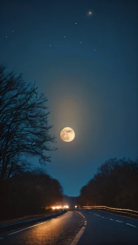 night highway,moonlit night,highway lights,moon and star background,hanging moon,moon at night,moonlit,night sky,ufo,jupiter moon,night image,the night sky,the road,moon and star,moonrise,moon night,celestial object,big moon,nightsky,light of night,Photography,General,Cinematic