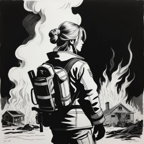 woman fire fighter,firefighter,fire fighter,fire-fighting,volunteer firefighter,sci fiction illustration,firefighting,woman holding gun,girl with a gun,fire marshal,firefighters,lady medic,fire fighting,charred,coveralls,girl with gun,thermal imaging,extinguisher,fireman,war correspondent,Illustration,Black and White,Black and White 12