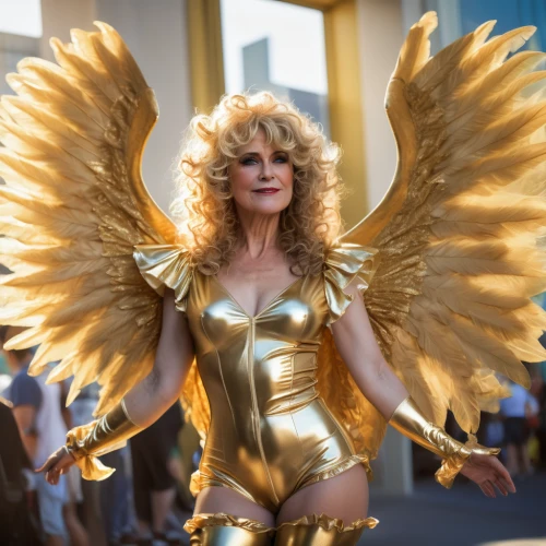 business angel,fire angel,comic-con,winged,gold spangle,showgirl,archangel,garuda,goddess of justice,greer the angel,farrah fawcett,pride parade,firebird,harpy,cosplay image,golden unicorn,angel moroni,baroque angel,mary-gold,phoenix