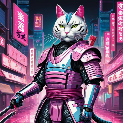 cat warrior,samurai,pink cat,katana,cyberpunk,samurai fighter,street cat,swordsman,alley cat,pink city,asakusa,shinjuku,animal feline,shinobi,mikado,the pink panter,patrols,mow,cat kawaii,feline,Conceptual Art,Sci-Fi,Sci-Fi 24