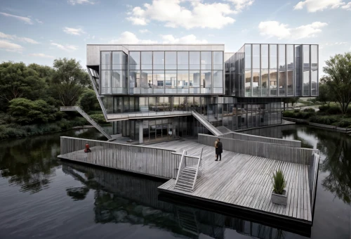 autostadt wolfsburg,aqua studio,3d rendering,waterside,bydgoszcz,moveable bridge,kirrarchitecture,modern office,house by the water,archidaily,futuristic art museum,glass facade,render,futuristic architecture,cube stilt houses,modern architecture,appartment building,new building,chancellery,business centre