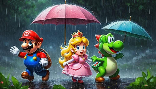 super mario brothers,mario bros,walking in the rain,rain stoppers,raindops,in the rain,rainy day,rainy season,brolly,umbrellas,toadstool,raining,rainy,super mario,mario,rainy weather,toadstools,monsoon banner,protection from rain,umbrella,Illustration,Abstract Fantasy,Abstract Fantasy 07