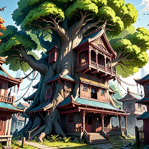 tree house,treehouse,tree house hotel,wooden house,house in the forest,crooked house,wooden houses,dragon tree,cedar,witch's house,timber house,rosewood tree,ancient house,oak,tree's nest,old tree,log home,studio ghibli,oak tree,dandelion hall,Anime,Anime,General