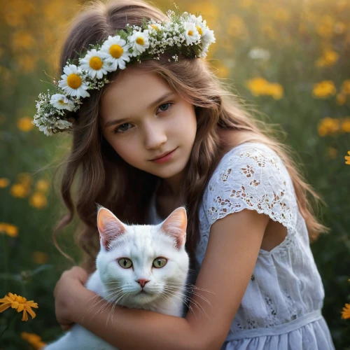 beautiful girl with flowers,flower girl,vintage boy and girl,girl in flowers,flower crown,innocence,flower cat,tenderness,little boy and girl,cute cat,little princess,white cat,flower hat,girl and boy outdoor,romantic portrait,girl picking flowers,little girls,cat with blue eyes,child portrait,flower animal,Photography,Documentary Photography,Documentary Photography 22