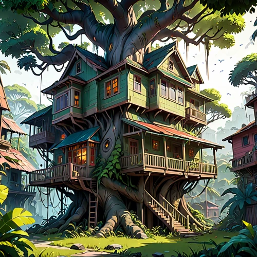 tree house,treehouse,tree house hotel,house in the forest,wooden house,tropical house,stilt house,monkey island,hanging houses,studio ghibli,summer cottage,little house,timber house,apartment house,log home,wooden houses,stilt houses,ancient house,large home,beautiful home,Anime,Anime,General