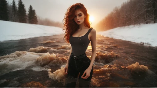 image manipulation,photo manipulation,photomanipulation,photoshop manipulation,winter background,digital compositing,against the current,girl in a long dress,croft,fantasy picture,snowfield,winter dress,redhead doll,girl in a long,winter dream,conceptual photography,the snow queen,portrait photography,photographic background,girl on the river